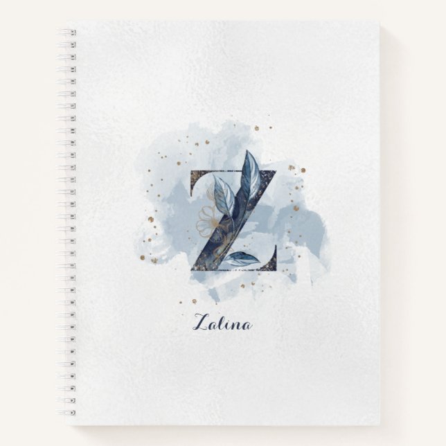 Modern Floral Personal Monogram Letter Z Blue Gold Notizbuch (Vorderseite)