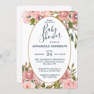Modern Floral Pink Blush Gold Garden Babydusche Einladung