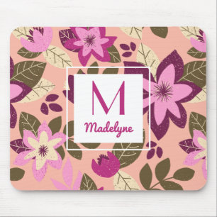Modern Floral Pink Orange Muster Monogram Mousepad