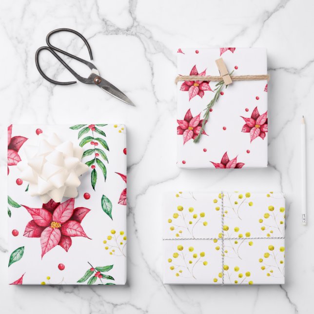 Modern Floral Poinsettia Weihnachten im Grünen Geschenkpapier Set (Vorderseite)