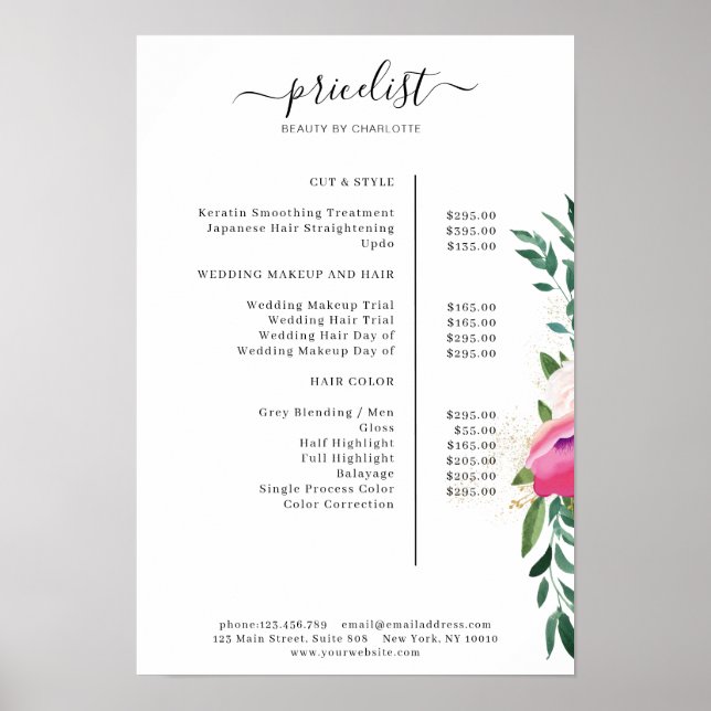 Modern Floral Price List Poster (Vorne)