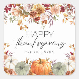 Modern Floral Pumpkin Rustic Happy Thanksgiving  Quadratischer Aufkleber