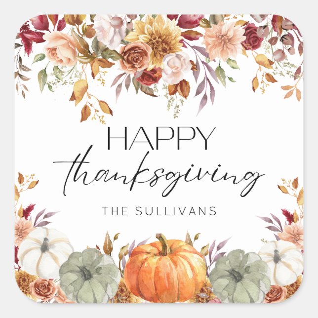 Modern Floral Pumpkin Rustic Happy Thanksgiving  Quadratischer Aufkleber (Vorderseite)