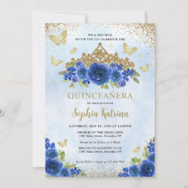 Modern Floral Royal Blue Gold Tiara Quinceañera Einladung