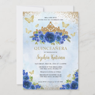 Modern Floral Royal Blue Gold Tiara Quinceañera Einladung