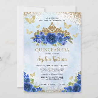 Modern Floral Royal Blue Gold Tiara Quinceañera Einladung