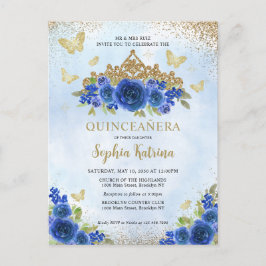 Modern Floral Royal Blue Gold Tiara Quinceañera Postkarte