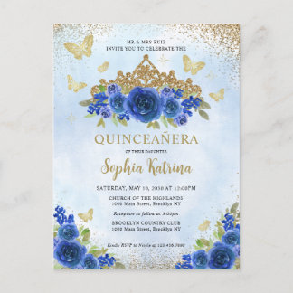 Modern Floral Royal Blue Gold Tiara Quinceañera Postkarte