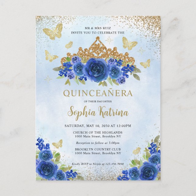 Modern Floral Royal Blue Gold Tiara Quinceañera Postkarte (Vorderseite)