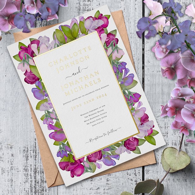 Modern Floral Watercolor Elegante Hochzeit Folieneinladung (Modern floral pink purple gold foil wedding invitation with garden. Sweetpea watercolor )
