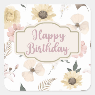 Modern Floral Watercolor Geburtstag Quadratischer Aufkleber