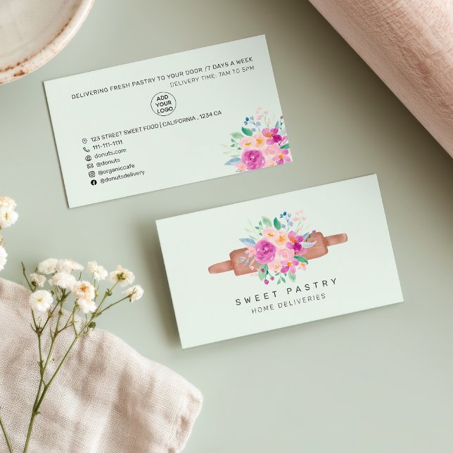 Modern floral watercolor pastry bakery rolling pin visitenkarte (Modern floral watercolor pastry bakery rolling pin business card)