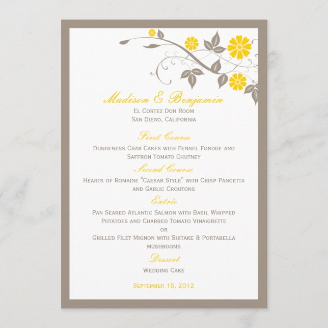 Modern Floral Wedding Menu - Mustard Menükarte (Vorderseite)