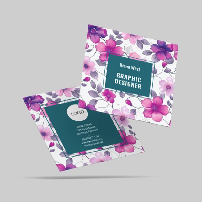 Modern florale Fuchsia Green Business Card Quadratische Visitenkarte (Von Creator hochgeladen)