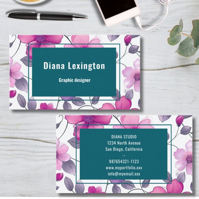Modern florale Fuchsia Green Business Card Visitenkarte (Von Creator hochgeladen)