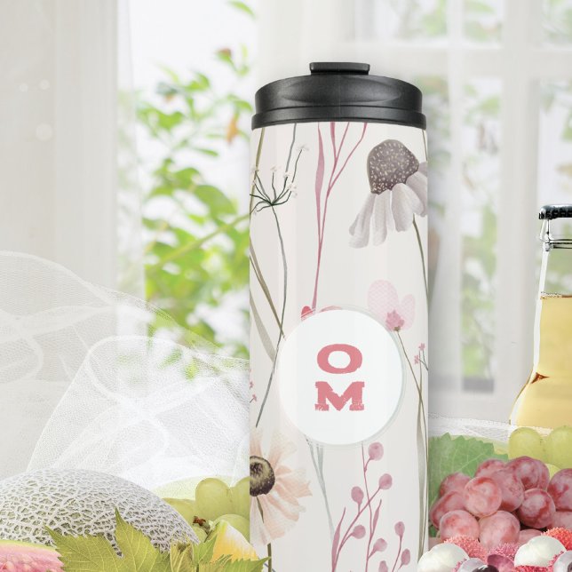 Modern florale Monogramm hellrosa grün Thermosbecher (Mauve Sage Monogram Traveler Thermal Tumbler ©Susanne Sachers - Sunny Mind 🌞)