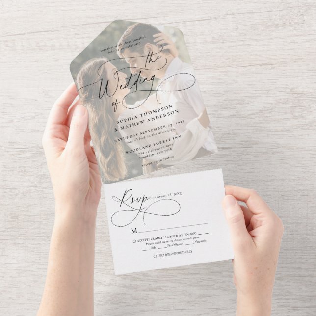 Modern Flourish Calligraphy White Photo Wedding All In One Einladung (Abreißen)