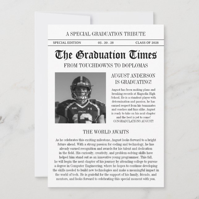 Modern Football Player Newspaper Photo Graduation Einladung (Vorderseite)