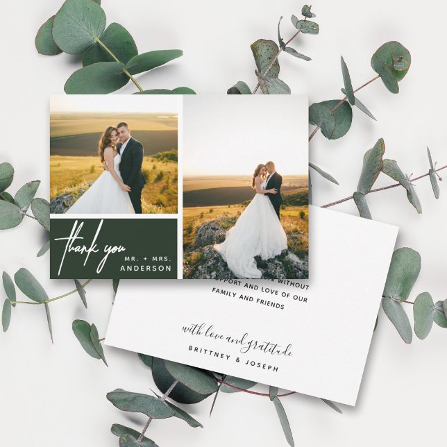 Modern Forest Green Foto Collage Vielen Dank (Two photo hand lettered thank you wedding card with a minimalistic design perfect for any couple.)