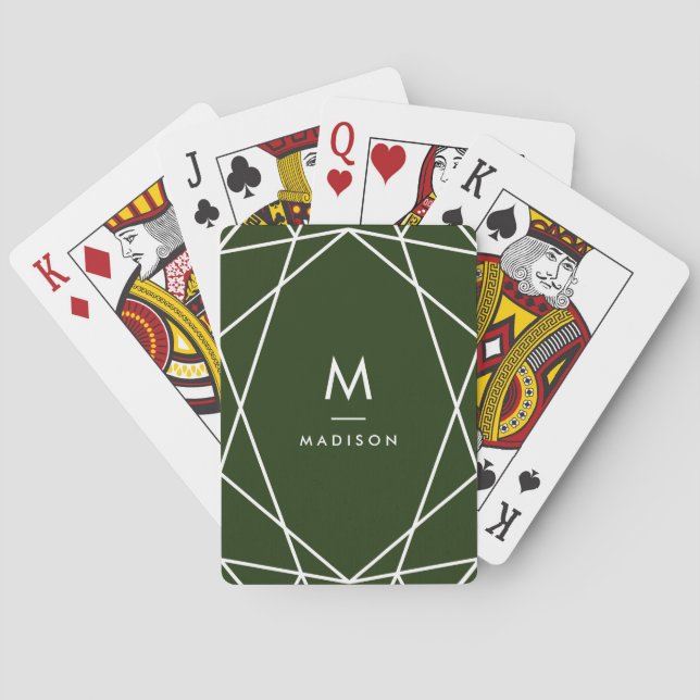 Modern Forest Green und White | Monogramm Spielkarten (Rückseite)