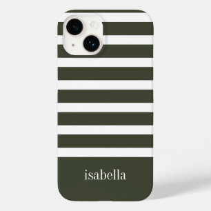 Modern Forest Green und White Strip mit Monogramm Case-Mate iPhone 14 Hülle