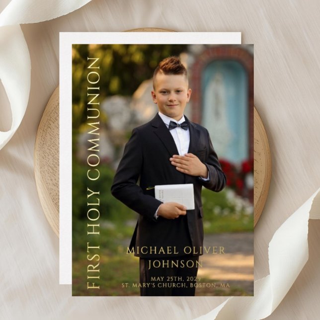Modern Foto Boy First Heilige Kommunion Gold Folieneinladung (Modern Photo Boy First Holy Communion Gold Foil Invitation)