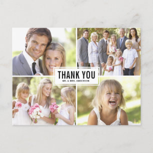 Modern Foto Collage Black Wedding Vielen Dank Postkarte