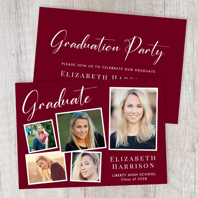 Modern Foto Collage Burgundy Graduation Party Einladung (A modern photo collage graduation party invitation to celebrate the graduate's achievements)