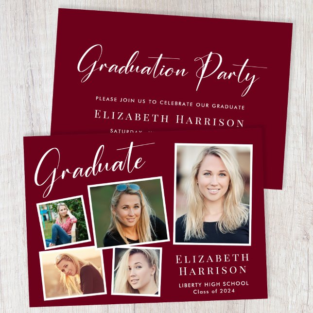 Modern Foto Collage Burgundy Graduation Party Einladung (A modern photo collage graduation party invitation to celebrate the graduate's achievements)
