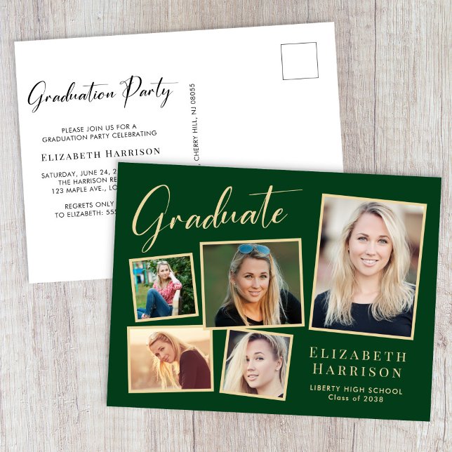 Modern Foto Collage Green Gold Graduation Party Einladungspostkarte (Modern Photo Collage Green Gold Graduation Party Invitation Postcard)