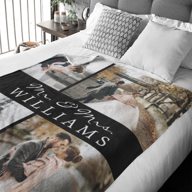 Modern Foto Collage Mr. & Mrs. Newlywed Monogram Fleecedecke (Celebrate your recent marriage with this 4 photos monogrammed fleece blanket.)
