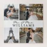 Modern Foto Collage Newlyweds Monogram White Puzzle<br><div class="desc">Feiern Sie Ihre jüngste Ehe mit diesen 4 Fotos,  mit Monogramm.</div>