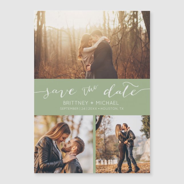 Modern Foto Collage Sage Green Save the Date Magnetkarte (Vorderseite)