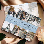 Modern Foto Collage Save the Date Dusty Blue Ankündigungspostkarte<br><div class="desc">Wählen Sie die besten Bilder aus Ihrem Verlobung-Shooting oder Ihre Lieblingsfotos von Ihnen beiden für dieses perfekte Save the Date. Save the Date sind die Wörter handgeschrieben, um der Karte ein persönliches Gefühl zu geben. Die Vorderseite hat 6 Bilder und die Rückseite hat ein großes Bild mit einem weißen Filter...</div>