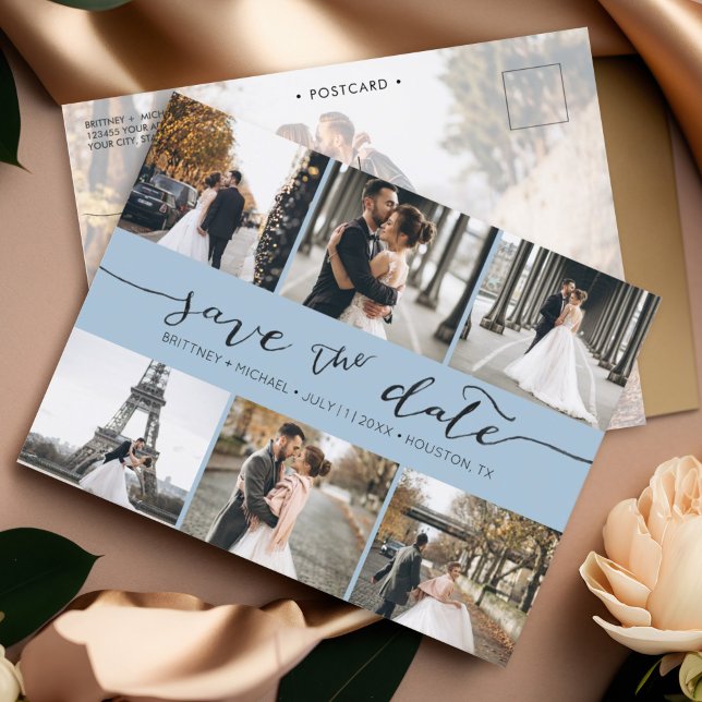 Modern Foto Collage Save the Date Dusty Blue Ankündigungspostkarte (Save the Date hand lettered minimalistic photo collage postcard with photo on the back.)