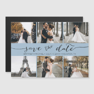 Modern Foto Collage Save the Date Dusty Blue Magnetkarte