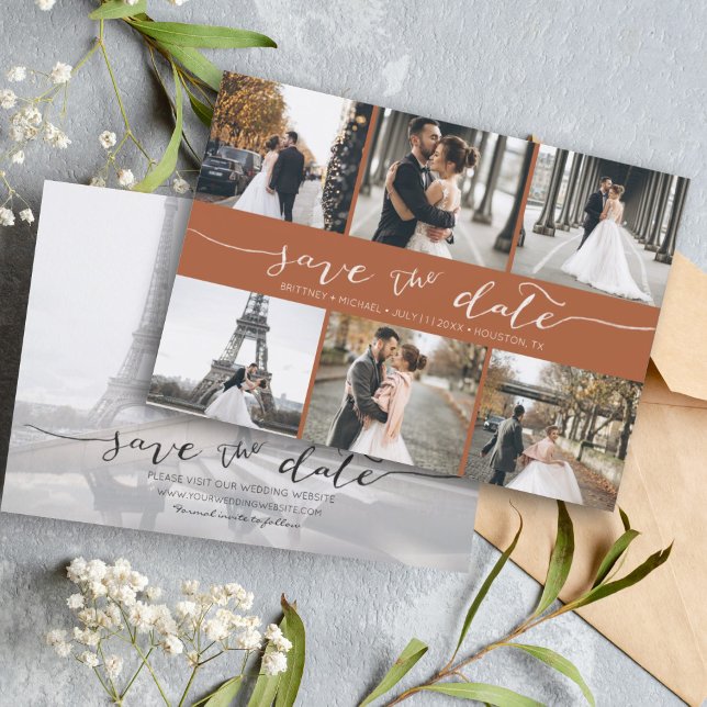 Modern Foto Collage Save the Date Terracotta (Modern Save the Date card featuring 6 photos and a hand lettered font for a minimalistic design.)