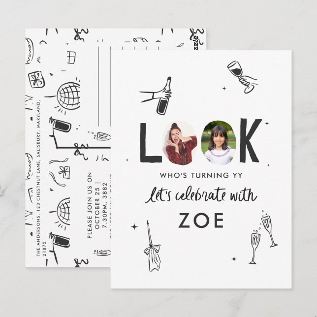 Modern Foto Collage Spaß HandGezeichnet Geburtstag Postkarte (Vorne/Hinten)