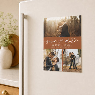Modern Foto Collage Terracotta Save the Date Magnetkarte
