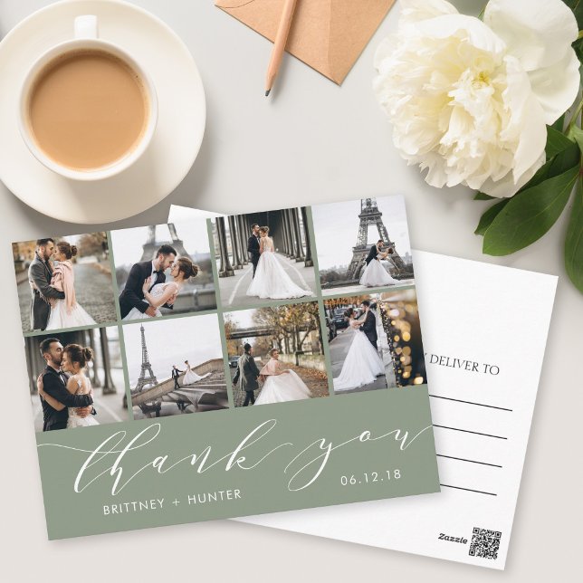 Modern Foto Collage Vielen Dank Sage Green Postkarte (Von Creator hochgeladen)