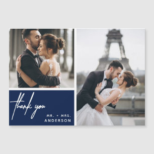 Modern Foto Collage Wedding Navy Blue Vielen Dank Magnetkarte
