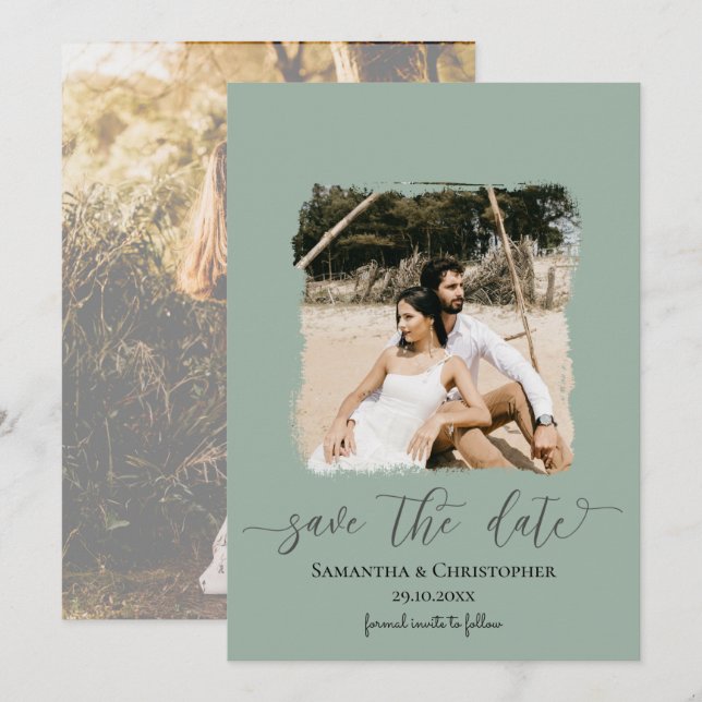 Modern Foto Sage Green Save the Date (Vorne/Hinten)