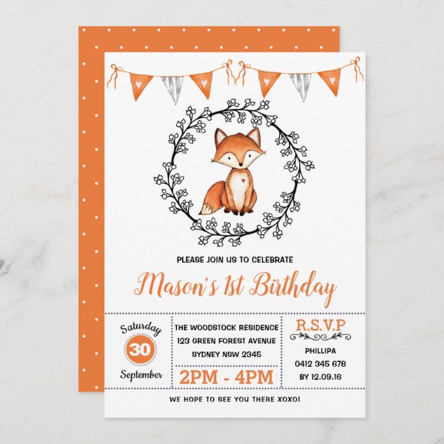 Modern Fox Birthday Party / Woodland Animal Einladung (Vorne/Hinten)