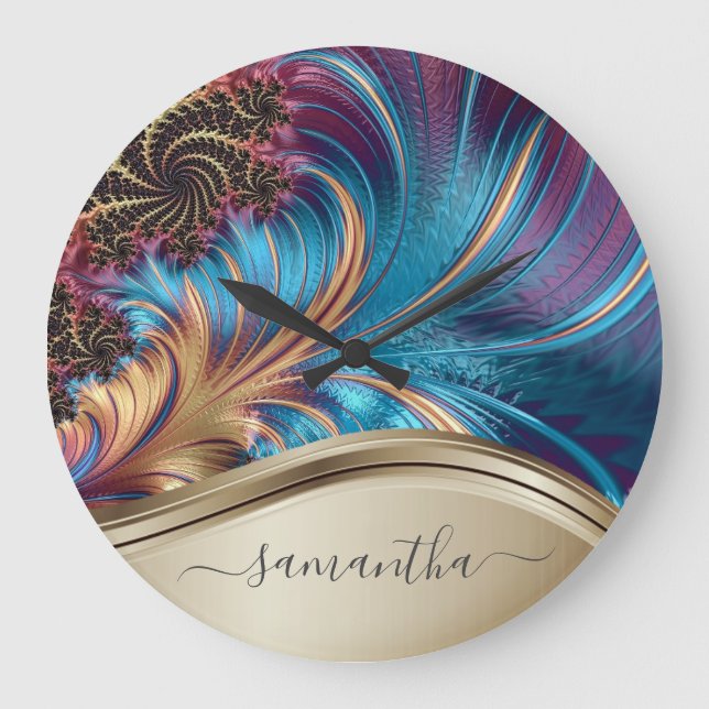 Modern Fractal Blue Gold Handwritten Name  Große Wanduhr (Vorderseite)