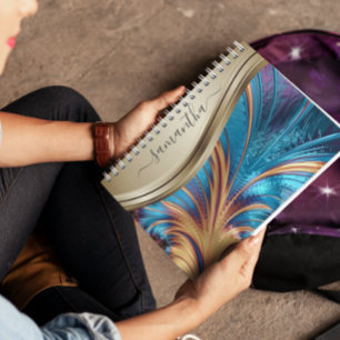 Modern Fractal Blue Gold Handwritten Name Notizblock