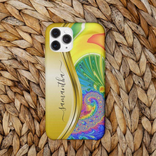 Modern Fraktal Rainbow Yellow Monogram Name Case-Mate iPhone Hülle (Von Creator hochgeladen)