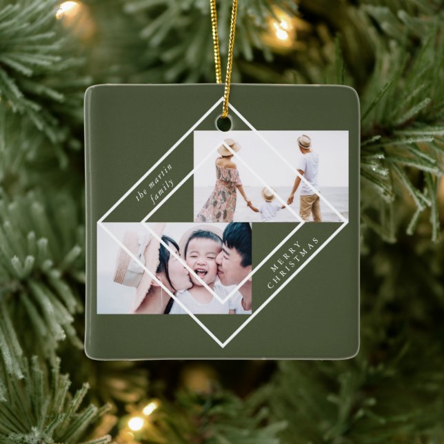 Modern Frame Green Zwei Foto Frohe Weihnachten Keramikornament (Baum)