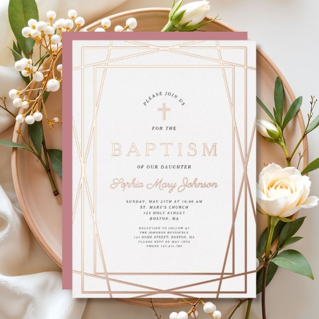 Modern Frame Pink Girl Taufe Rose Gold Folieneinladung (Modern Frame Pink Girl Baptism Rose Gold Foil Invitation)