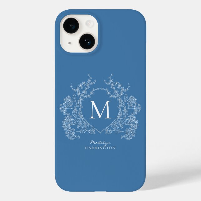 Modern French Blue Blumenwappen-Monogramm Case-Mate iPhone Hülle (Rückseite)