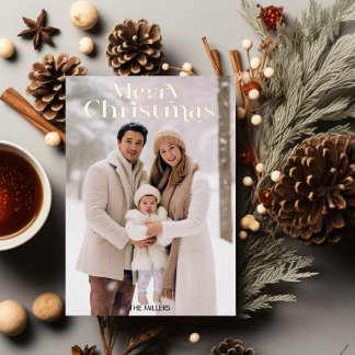Modern Frohe Weihnachten Minimal 1 Foto Beige Folien Feiertagskarte